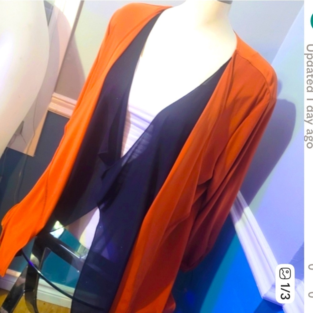 Picadilly Fashions Draped Open Front Cardigan Rust Orange Black L - Picture 2 of 4